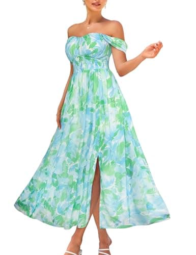 2025 Women's Summer Sleeveless Off Shoulder Floral Flowy A Line Maxi Dresses Blue Green L - Image 1
