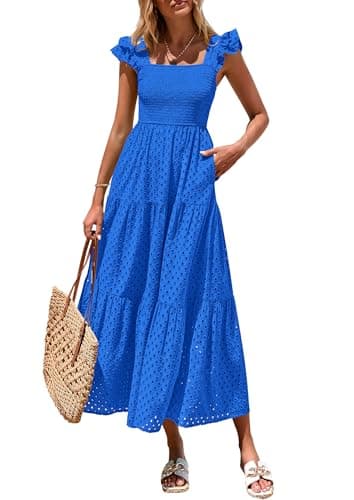 PRETTYGARDEN Womens Summer Square Neck Maxi Dresses Cap Sleeve Eyelet Smocked Tiered A Line Flowy Long Dress with Pockets (Blue,Small) - Image 1
