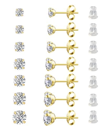 Arminor 7 Pairs 20G Stud Earrings for Women-Hypoallergenic 316L Surgical Stainless Steel Earrings for Multiple Piercing,Cubic Zirconia 2-8mm Earring Stacks Bonus Silicone Earring Backs - Image 1