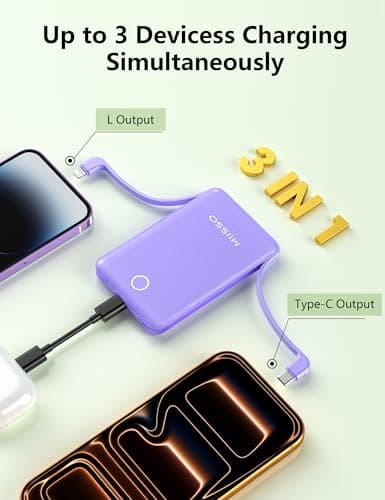miisso 10000mAh Mini Portable Charger with Built in Cable, Pocket Size Power Bank Travel External Battery Pack for Phone, 3 Output USB Type C Cord Clutch Compatible with iPhone, Samsung, Purple - Thumbnail 4