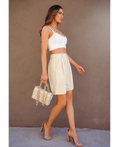 Luvamia Flowy Women's Plus Size High Waisted Shorts - Beige, Trendy with Pockets, Size XXL (20/22) - Thumbnail 6