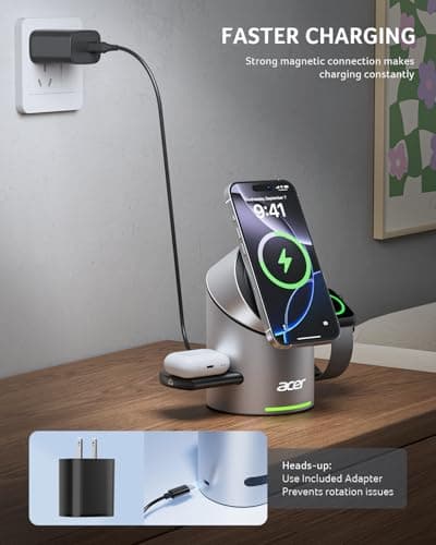 Acer Prime 3 in 1 Charging Station for Apple - Magnetic iPhone Wireless Charging Station, Magsafe Charger Stand for iPhone 17 16 15 14 13 12 - Apple Watch - Airpods Series (Charger & USB-C Included) - Thumbnail 6