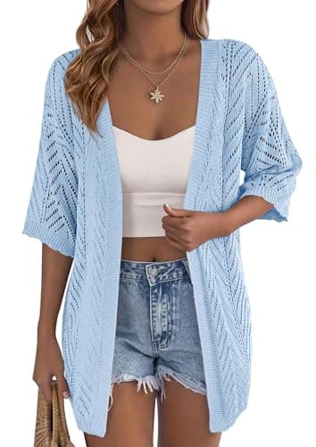 PRETTYGARDEN Women's Lightweight Summer Cardigans 2026 Short Sleeve Knit Crochet Coverups Spring Boho Beach Vacation Clothes (Light Blue,X-Large) - Image 1