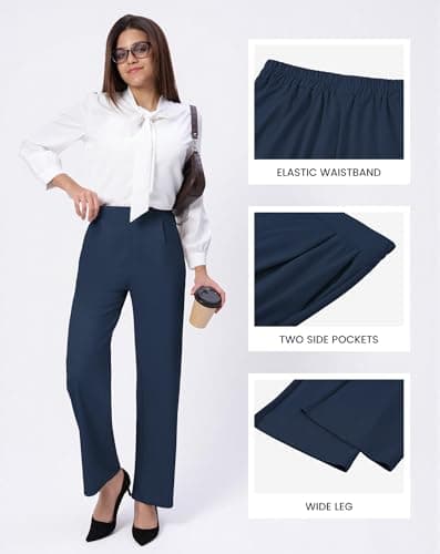 SEMARO Womens Summer Wide Leg Flowy Palazzo Pants High Waist Loose Beach Trousers Business Casual Dress Pants with Pockets Navy - Thumbnail 5