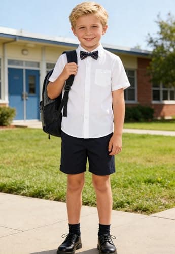 Cozople Teen Boys Seersucker Shirts Funky White Button Up Aloha Dress Shirts with Breathable Short Sleeve School Uniform for Primary School - Thumbnail 6