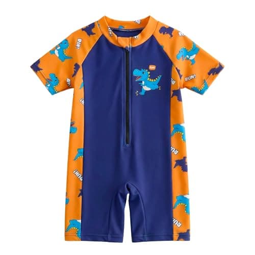 DivingBirds Toddler Boy Rash Guard Swimsuit Short Sleeve,Baby Boy One Piece Swimwear Sun Protection Bathing Suit,Orang Dinosaur,6-9 Months - Image 1