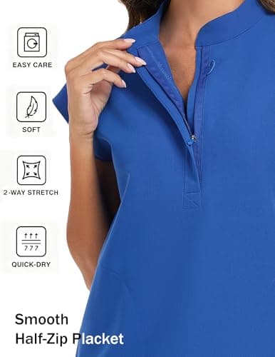 VECARDI Women's Scrub Top Zip Front Stretch Short Sleeve Nurse Uniform Shirt with Pockets Badge Loop Royal Blue - Thumbnail 3