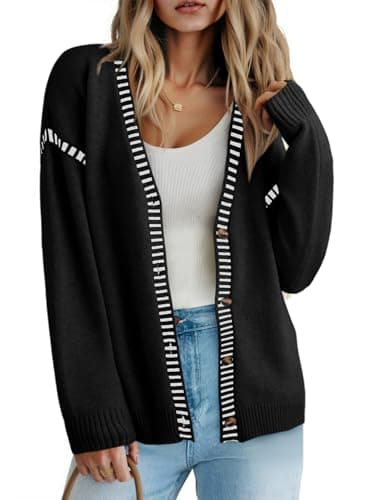 Dokotoo Women's Casual Long Sleeve Cardigan V Neck Button Down Open Front Knit Sweaters Loose Oversized Sweater Coat Contrast Stiching Ribbed Knit Black Cardigans Medium - Image 1