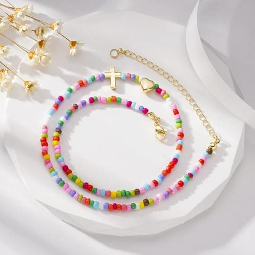 Turandoss Colorful Beaded Cross Necklace for Women - Dainty 14K Gold Plated Heart Pendant Necklaces Personalized Cross Beaded Choker Necklace for Women Baptism Christian Religious Easter Gifts - Thumbnail 6