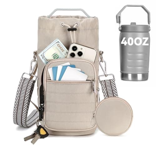 YIQUN Water Bottle Carrier Bag with Strap Insulated Water Bottle Carrier Sling Bag with Phone Pocket for Walking, Hiking, Cycling, Water Bottle Holder with Strap (Khaki, L (40oz-64oz)) - Image 1