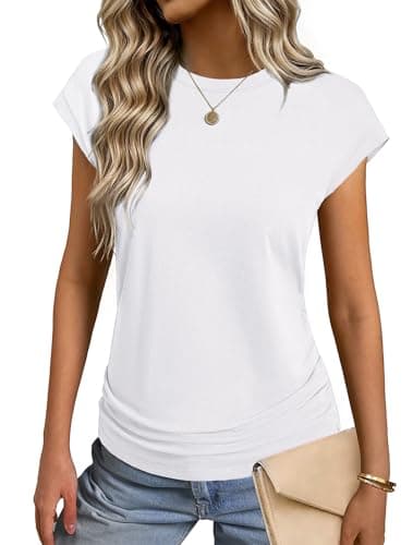 GKBK Womens T Shirts O Neck Short Cap Sleeve Cotton Tops Summer Ruched Trendy Basic Tee Shirt White XXL - Image 1