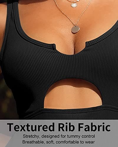 Charmo Women Ribbed Cutout One Piece Swimsuits Scoop Neck Swimwear High Cut Padded Bathing Suit Black XL - Thumbnail 5