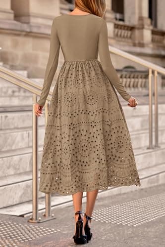 dowerme Women Spring Dresses 2026 Casual Long Sleeve Crewneck A-Line Boho Eyelet Cotton Maxi Wedding Guest Dress Pockets(Khaki,XX-Large) - Thumbnail 5