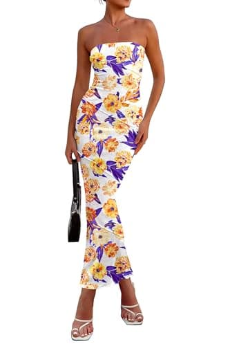PRETTYGARDEN Women's 2026 Summer Floral Bodycon Maxi Dresses Ribbed Strapless Tube Casual Boho Party Long Dress (Floral White Yellow,Small) - Image 1