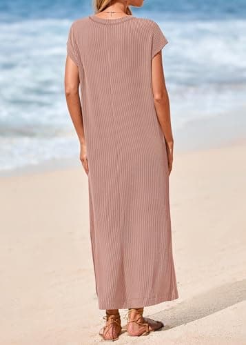 KIRUNDO Womens Summer Dresses 2026 Spring Ribbed Knit Henley Short Sleeve Maxi Dress Button Up Loose Beach Vacation Sundress(Light Brown, XX-Large) - Thumbnail 2