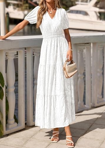 KIRUNDO Womens Boho Maxi Dress Summer Short Sleeve V Neck Floral Flowy A Line Formal Wedding Guest Baby Shower Long Dresses(White, X-Large) - Thumbnail 4
