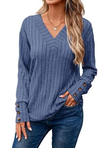 Dokotoo Shirts for Women V Neck Long Sleeve Shirt Button Detail Knit Tunic Fall Tops Blouses Soft Elastic Solid Casual Business Pullover Sweaters Womens Clothes Fall Outfits for Women Blue XL - Image 1