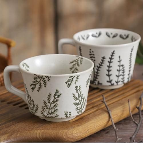 Tvvtuww Ceramic Mug Set of 4, 11oz - Vintage Mug Cups for Coffee Milk Latte Cappuccino Tea, Porcelain Coffee Cups Set Gifts for Women Man, Farmhouse Handmade Stoneware Cups Dishwasher Microwave Safe - Thumbnail 3