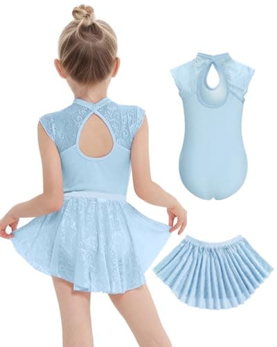 JiAmy Girls Ballet Leotards Cutout Back Dance Outfit Toddler Lace Dress Combo with Removable Skirt Blue 5-6 Years - Image 1