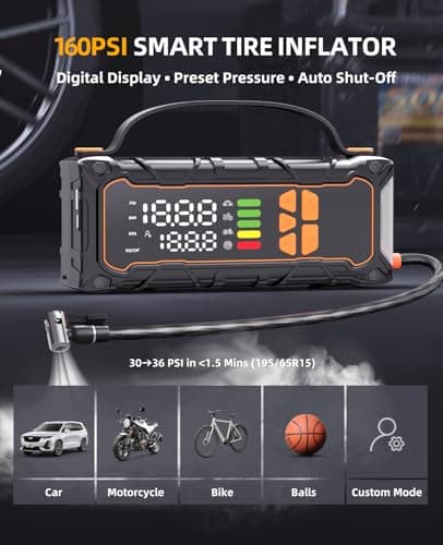 Battery Jumper Starter Portable, Jump Starter with Air Compressor-4000A 12V (7.0L Gas/ 6.0L Diesel) with 160PSI Tire Inflator, 10000mAh Jump Box Car Battery Jump Starter, Jumper Cables, LED Light - Thumbnail 4