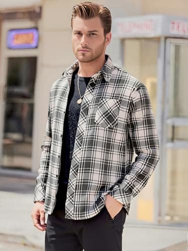 BAYAMO Men's Flannel Button Down Shirt Casual Plaid Long Sleeve Fall Jacket Lightweight Soft Tops with Pockets White L - Thumbnail 5
