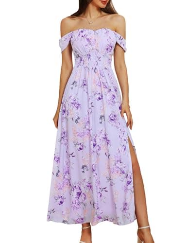 Women's Summer Sleeveless Off Shoulder Floral Flowy A Line Maxi Dresses Purple Floral XL - Image 1
