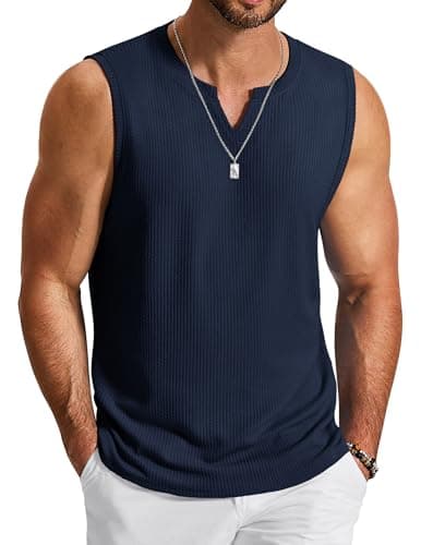 COOFANDY Mens Knit Tank Tops Casual V Neck Sleeveless Shirts Breathable Tank Top Muscle Shirts, Navy Blue, Large - Image 1