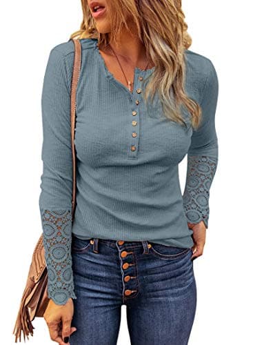 BTFBM Women Long Sleeve Shirts Spring Solid Button Up V Neck Lace Long Sleeves Slim Fit Knit Casual Fall T-Shirts 2026(Grey,X-Large) - Image 1