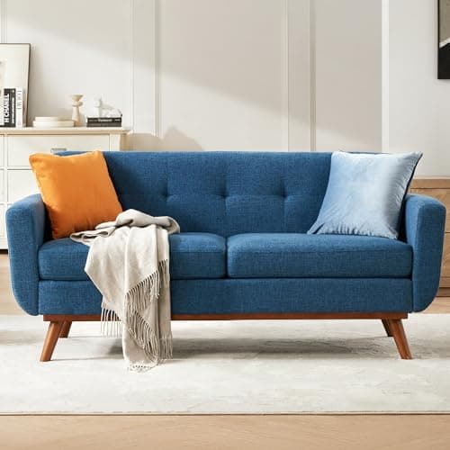 Kingfun 65.2" W Loveseat Sofa, Mid Century Modern Decor Love Seat Couches for Living Room, Button Tufted Upholstered Furniture, Solid & Easy to Install Small Couch for Bedroom Office Apartment, Blue - Image 1
