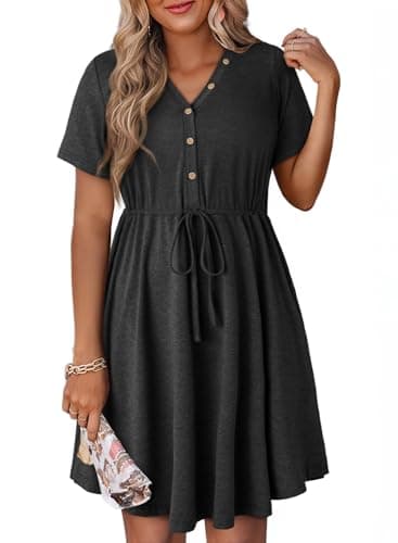 Dokotoo Womens Dresses Spring Summer Resort Wear 2026 Drawstring Waist Cute Babydoll Tunic Dress Casual Short Sleeve Mini Dress Holiday Outfits Sundress Shift Dress Plus Size Black Dresses for Women S - Image 1