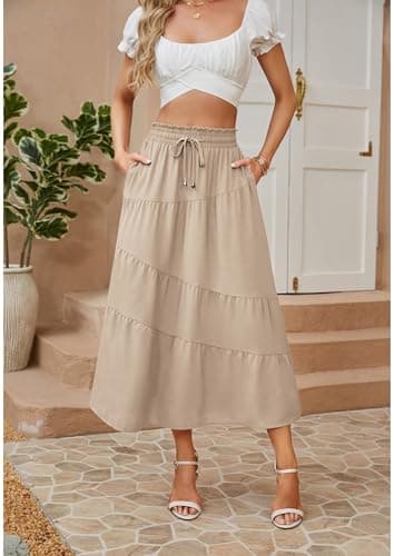 ECOWISH Women Boho Maxi Skirt: Summer Asymmetric Tiered Drawstring Elastic High Waist A-Line Flowy Long Skirts with Pockets 441 Khaki XL - Thumbnail 5