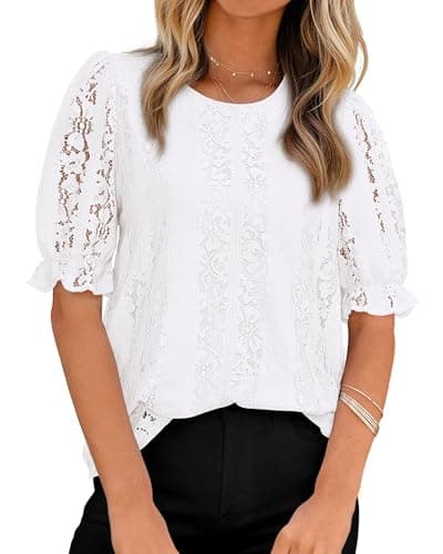 KIRUNDO Lace Tops for Women Trendy 2026 Summer Work Blouse Casual Crewneck Hollow Out Short Sleeve Shirts Beach Vacation(White, Small) - Image 1