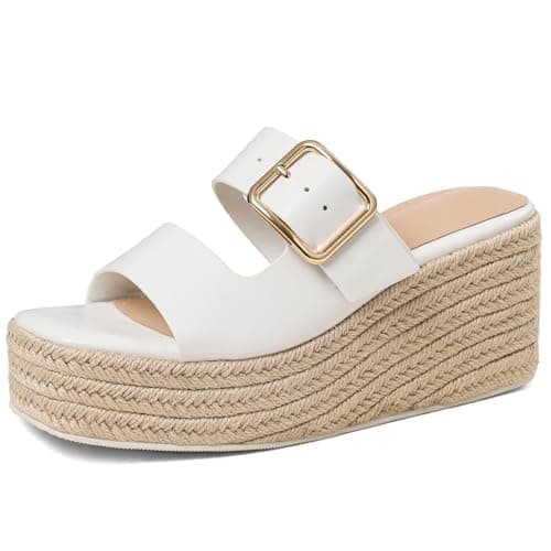 Tarkwa Platform Wedges Sandals for Women Summer Slip on Espadrille Flatform Slides Open Toe Adjustable Buckle Bohemia Beach Raffia Beach Sandals White Size 6 - Image 1