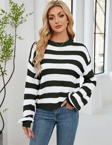 Libsorge Womens Oversized Cute Lightweight Striped Cropped Sweater Spring 2025 Trendy Ladies Dressy Casual Outfits Waffle Knit Thin Long Sleeve Color Block Pullover Crop Top Black L - Thumbnail 4