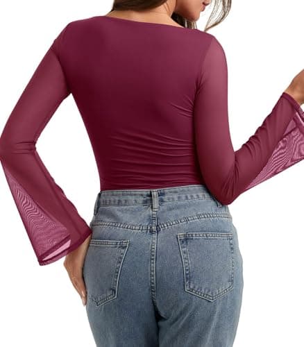 PINKMSTYLE Sexy Sheer Mesh Boat Neck Bell Sleeve Tops Ruched Going Out Tops for Women Long Sleeve Burgendy Large - Thumbnail 4