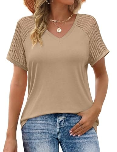 JUSTFASHIONNOW Blouses for Women Dressy Casual Short Sleeve Summer Tops Business Work V Neck Shirts 2026 Spring Clothing（Khaki,XX-Large - Image 1