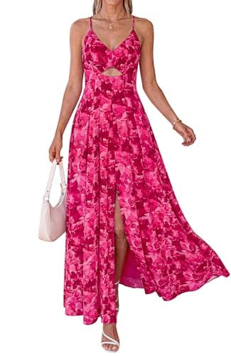 BTFBM Summer Dresses for Women 2026 Spring Floral Spaghetti Strap Smocked Cutout Maxi Dress Resort Beach Vacation Outfit(Floral Rose Red, XX-Large) - Image 1