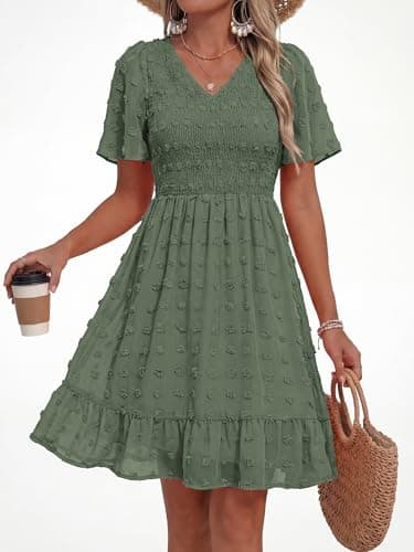 BTFBM Womens Beach Vacation Dress Summer 2026 V Neck Short Sleeve Smocked Swiss Dot Ruffle Casual Spring Mini Dresses(Army Green, X-Large) - Thumbnail 4