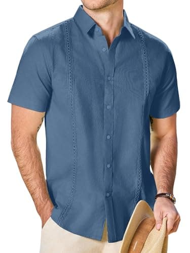 JEMLDL Big and Tall Men's Guayabera Cuban Shirt Cotton Linen Short Sleeve Light Collared Casual Business Wedding Outfits Navy Blue 4XL - Image 1