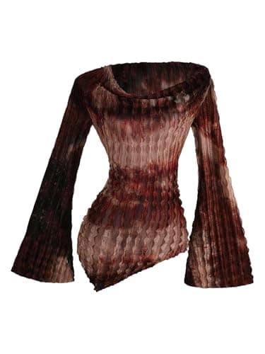 MakeMeChic Women's Cowl Neck Tops Tie Dye Shirt Bell Sleeve Hanky Hem Draped Going Out Crop Tops Brown X-Small - Image 1