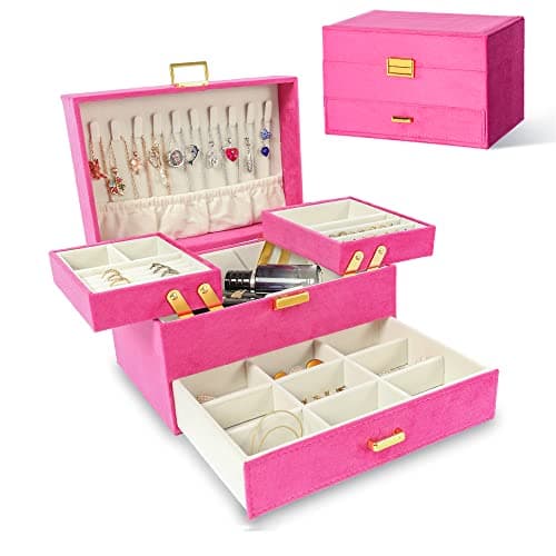 Dajasan Jewelry Organizer Box, Large Jewelry Boxes for Women Girls, Compact 3 Layers Jewelry Storage Case with Drawer, Gift Idea for Christmas, Valentine's Day, Birthday, Mother's Day (Red) - Image 1