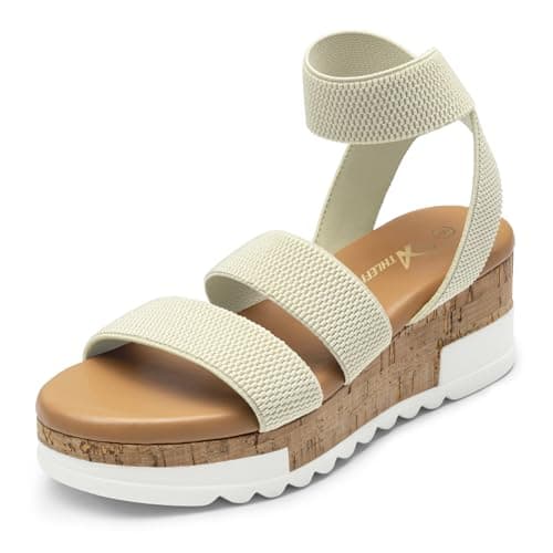 Athlefit Women's Casual Cork Platform Wedge Sandals Open Toe Elastic Ankle Strap Flatform Sandals for Summer, Beige, Size 8, AD00102 - Image 1