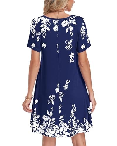 AUSELILY Summer Dresses for Women Short Sleeve V Neck Tshirt Swing Floral Vacation Beach Mini Dress with Pockets 2026 Navy Blue White Floral 3XL - Thumbnail 3