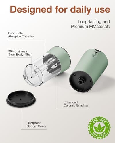 Electric Salt and Pepper Grinder Set–USB-C Rechargeable Charging Base Pepper Mill, Dual LED Light, Adjustable Coarseness,One-Handed Operation, Stainless Steel Sage Green Finish,2pack - Thumbnail 5