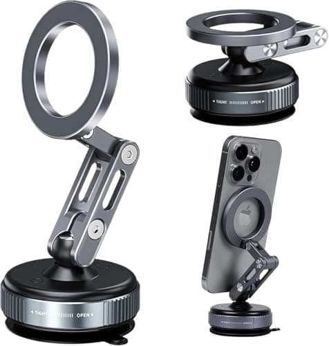 Obmnor Vacuum Magnetic Car Phone Mount for MagSafe, 360° Adjustable Ball Joint, Strong Suction Cup Windshield Phone Holder with Aluminum Alloy Telescopic Arm - Image 1