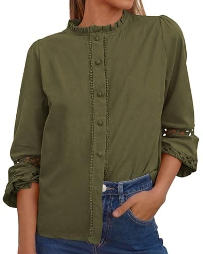 KIRUNDO Going Out Tops for Women 2026 Spring Fashion Boho Cotton Eyelet Long Sleeve Button Up Shirt Lace Dressy Casual Blouse(Army Green, Large) - Image 1