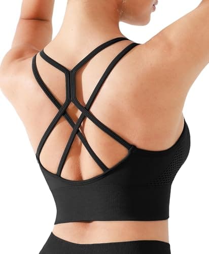 BRXL Lycra Strappy Ruched Longline Sports Bra for Women Seamless Criss Cross Light Support Padded Bras Workout Yoga Crop Top Black L - Image 1