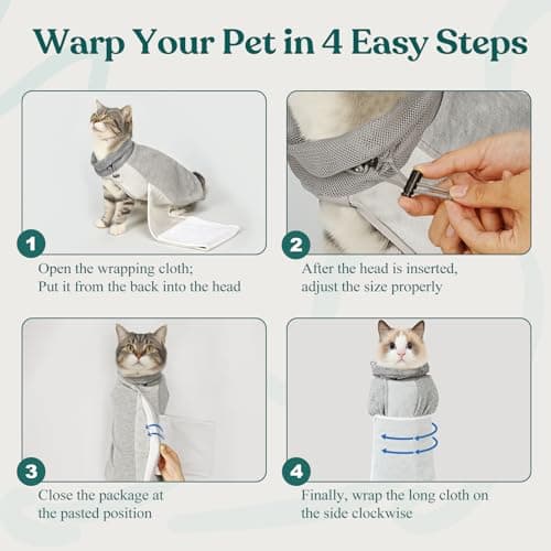 Supet Cat Grooming Wrap for Cutting Nails, Self-Adhesive Anti-Scratch Swaddle with Bite-Proof Mesh Hood & Thick Waist Strap Anti-Escape Bag for Nail Trimming, Medication, Ear Cleaning (Grey S) - Thumbnail 5