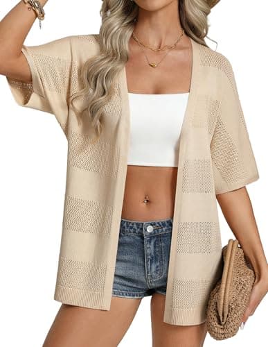 GRACE KARIN Crochet Cardigans Sweater for Women Lightweight Short Sleeve Knit Kimono Open Front Boho Swimsuit Cover Up Apricot - Image 1