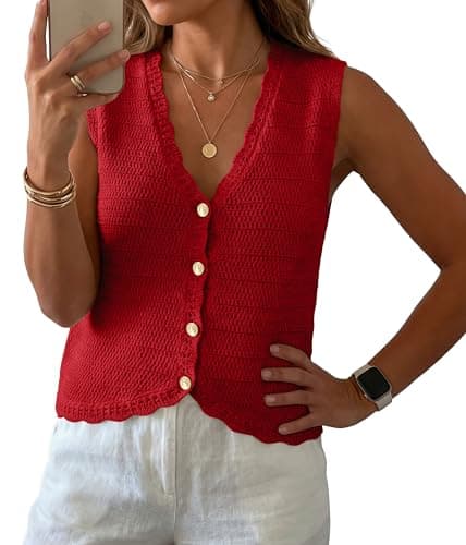 GRECERELLE Women's Sleeveless Knit Sweater Vest - 100% Cotton with Buttons Versatile Layering Tank Top for Office, Casual, Travel Red - Image 1